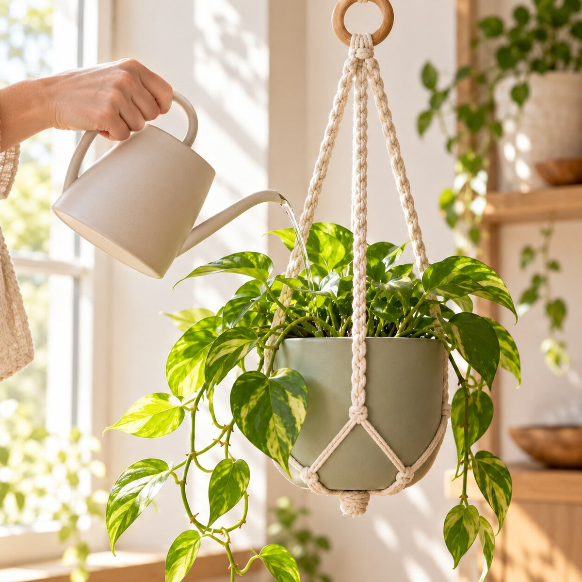 Cotton Macramé Hanging Planter — In-use detail