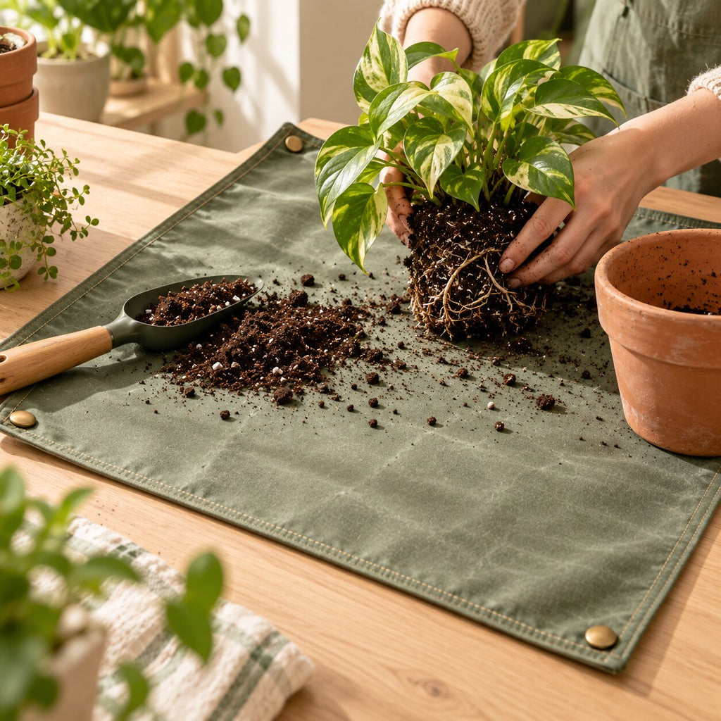 Fold-Flat Potting Mat with Brass Snaps — In-use detail