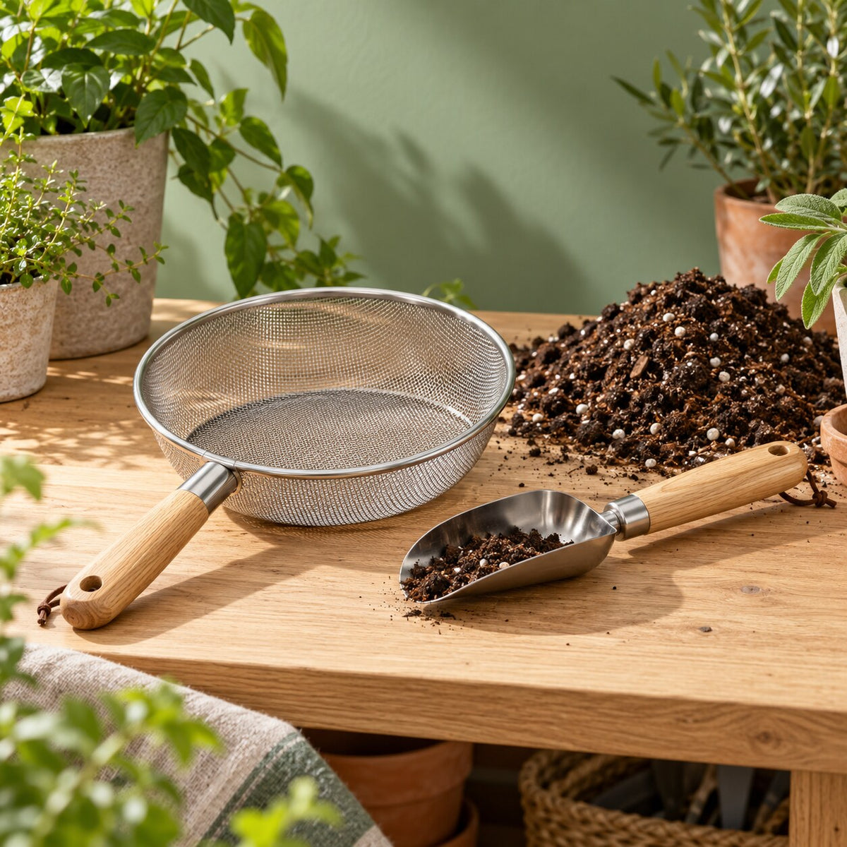 Oak-Handle Soil Sifter & Scoop Set — Lifestyle scene