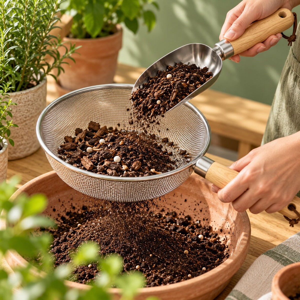 Oak-Handle Soil Sifter & Scoop Set — In-use detail