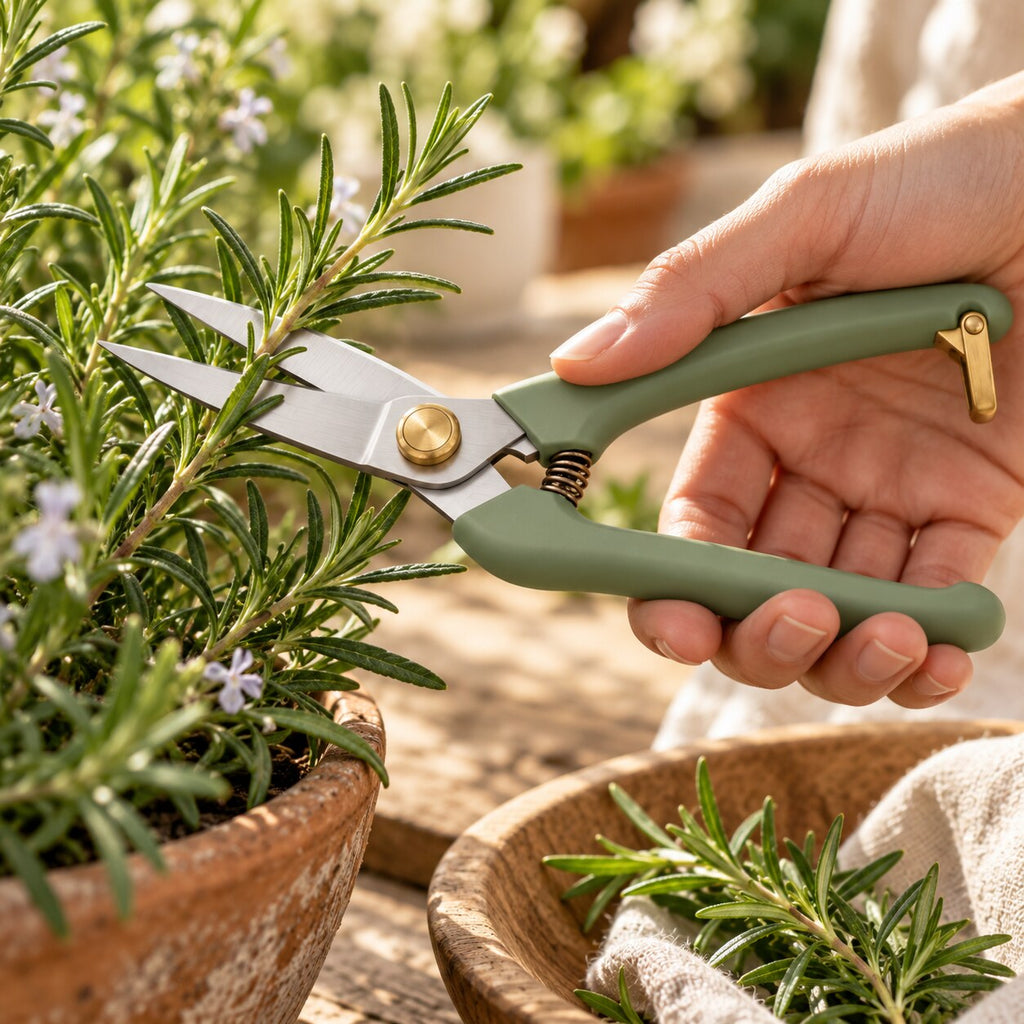 Sage-Handle Precision Garden Snips — In-use detail